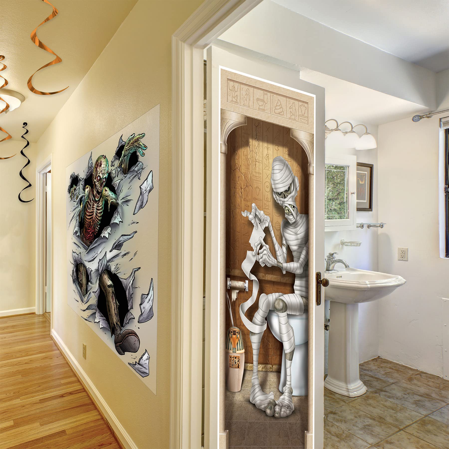 Beistle 2-Pack Mummy Restroom Door Covers, Spooky Halloween Bathroom Decorations, All-Weather Plastic For Haunted House And Tric